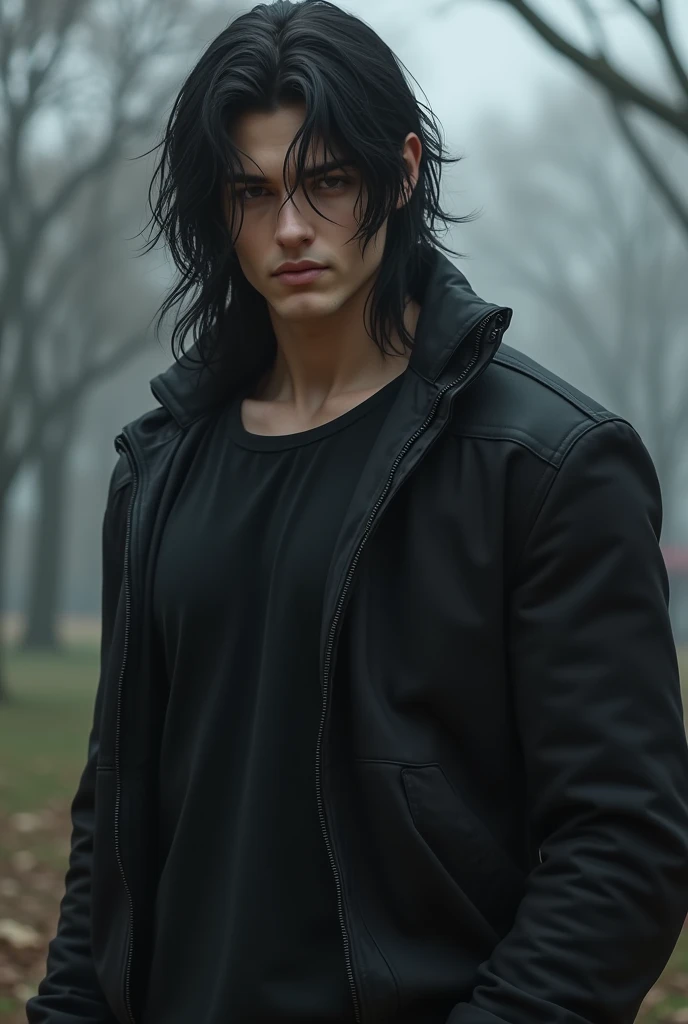 Handsome, muscular teenager
Tall with black, long hair , with black clothes and handsome , beardless
with a sad grayish background environment in a meeting with his friends at the park