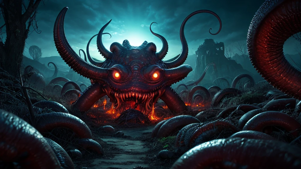 Eldritch horror landscape with writhing flesh, all seeing eyes, toothy maws, lashing tentacles