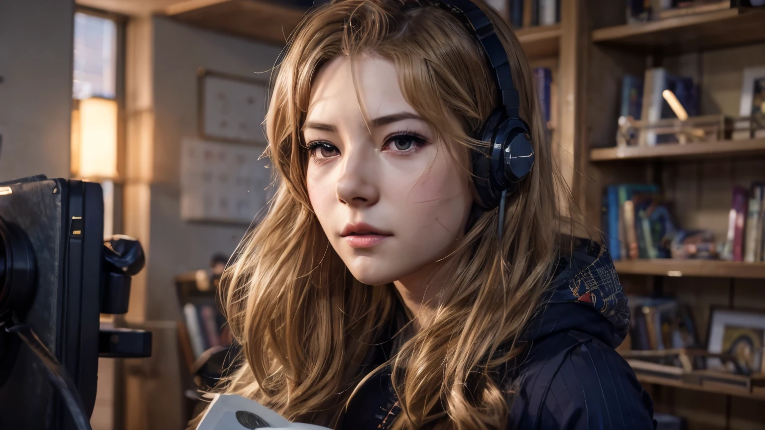 anime girl with headphones reading a book in a library, kawaii realistic portrait, non-style artwork by guweiz, detailed anime digital art, Anime digital illustration, , anime styling. 8k, cute portrait, anime portrait , detailed portrait of anime girl, portrait of a beautiful anime girl, stylized anime, 3d rendering of a cute anime girl