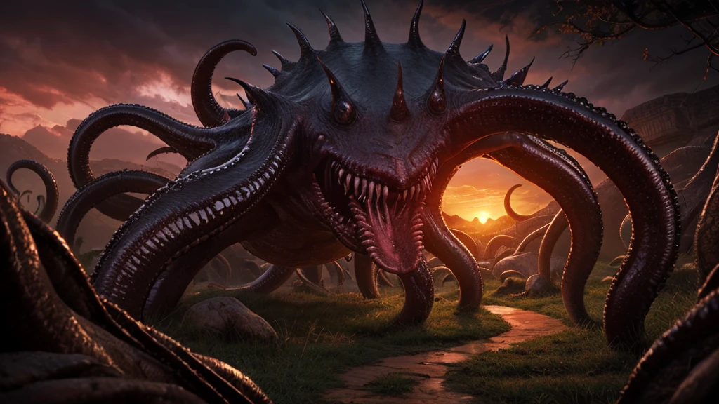 Eldritch horror landscape with writhing flesh, all seeing eyes, toothy maws, lashing tentacles