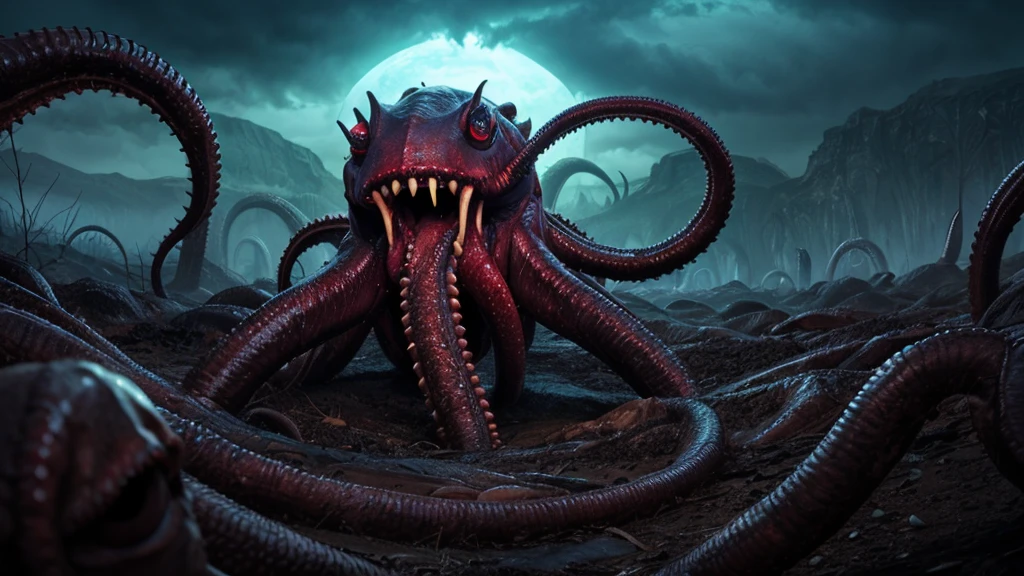 Eldritch horror landscape with writhing flesh, all seeing eyes, toothy maws, lashing tentacles