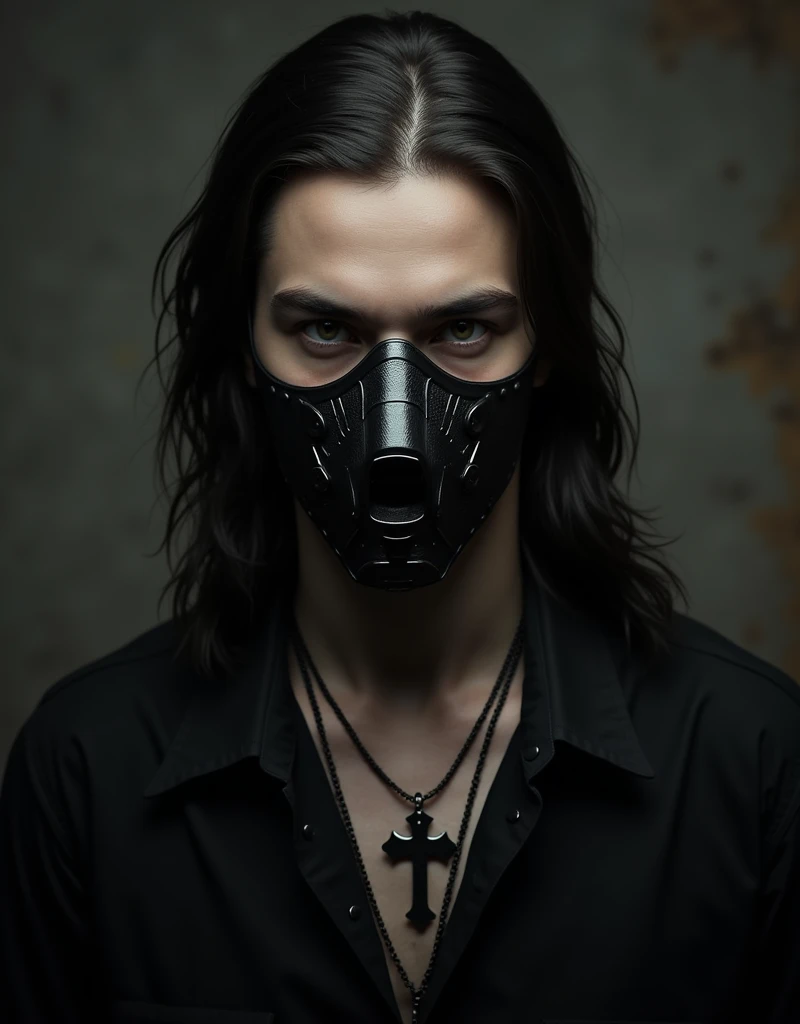25 year old guy with Hannibal Lecter's muzzle, black cross necklace, classic metalhead style, Long hair, robust and somewhat stout