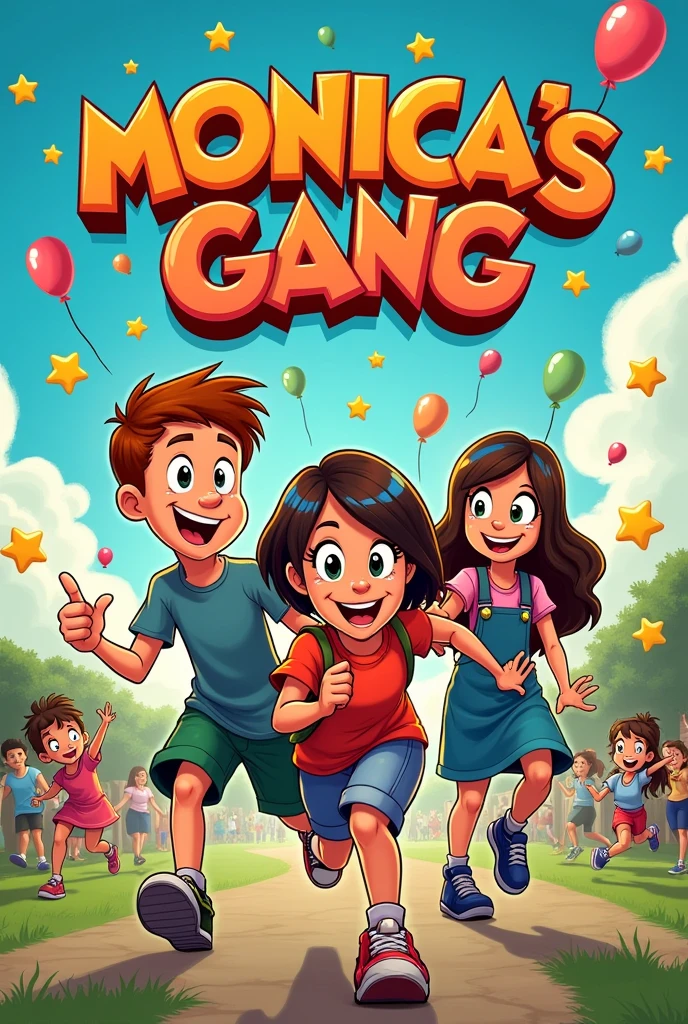 1. **Title:** Place "Monica's Gang" in a large and fun font at the top of the cover. You can use colored letters to make it eye-catching.
2. **Personagens:** Add illustrations of the main characters, as Monica, chives, cascão and Magali, in prominent positions. They can be involved in some fun or adventurous activity.
3. **fund:** Choose a vibrant and cheerful background. It can be a scenario related to the story of the edition, like a park, a school or a party.
4. **Attraction Text:** Include a small text that highlights the main story or some special event from the comic book. instance: "Adventure in the Park!" ou "Monica's Big Party!"
5. **Additional Detail:** Add decorative elements, as balloons, stars or other items that relate to the plot.