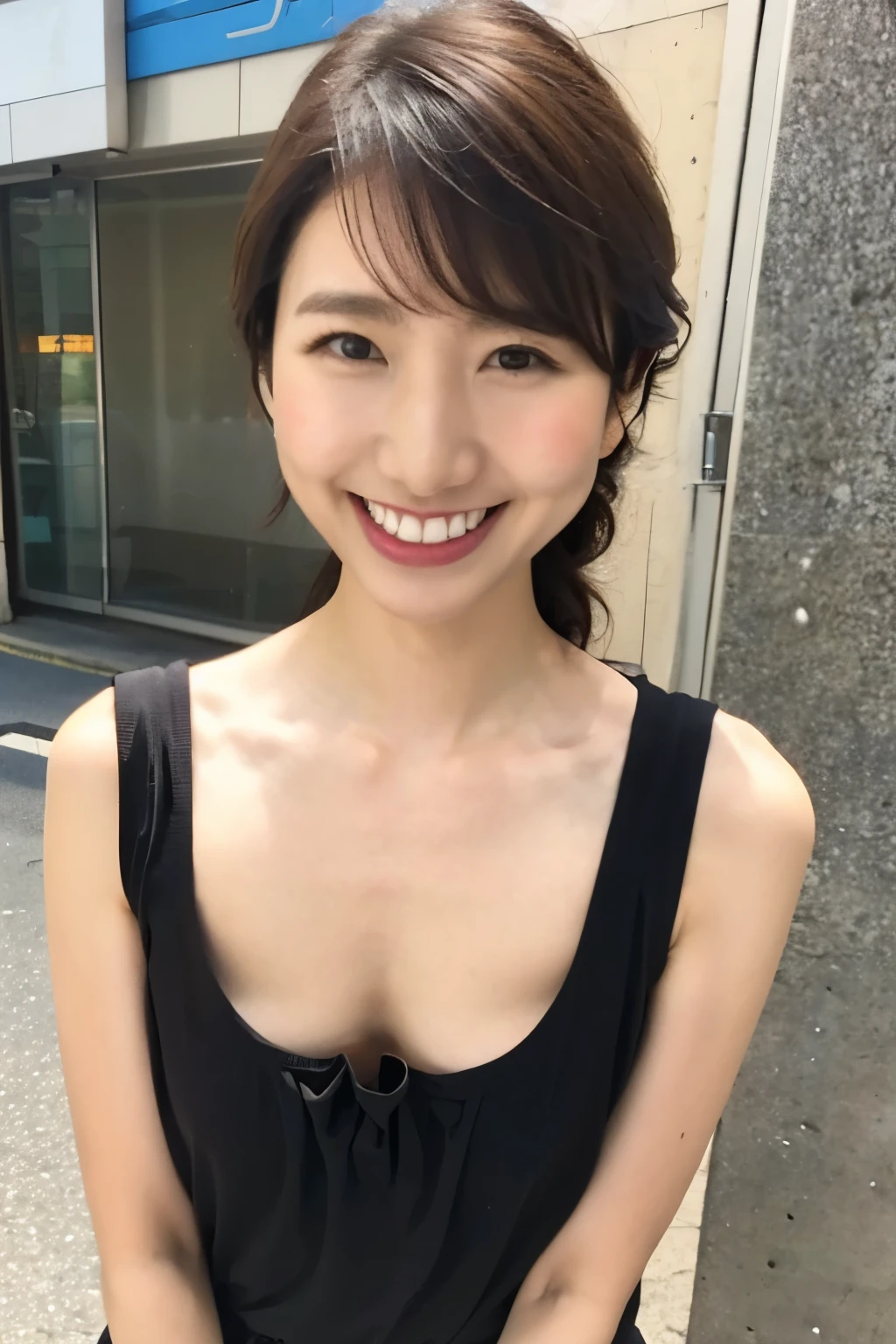 Beautiful 30 year old woman、Brown Hair、With bangs、Smiling with teeth showing、Beautiful breasts、Slim body、White tank top、Black ruffled tanding on a street corner