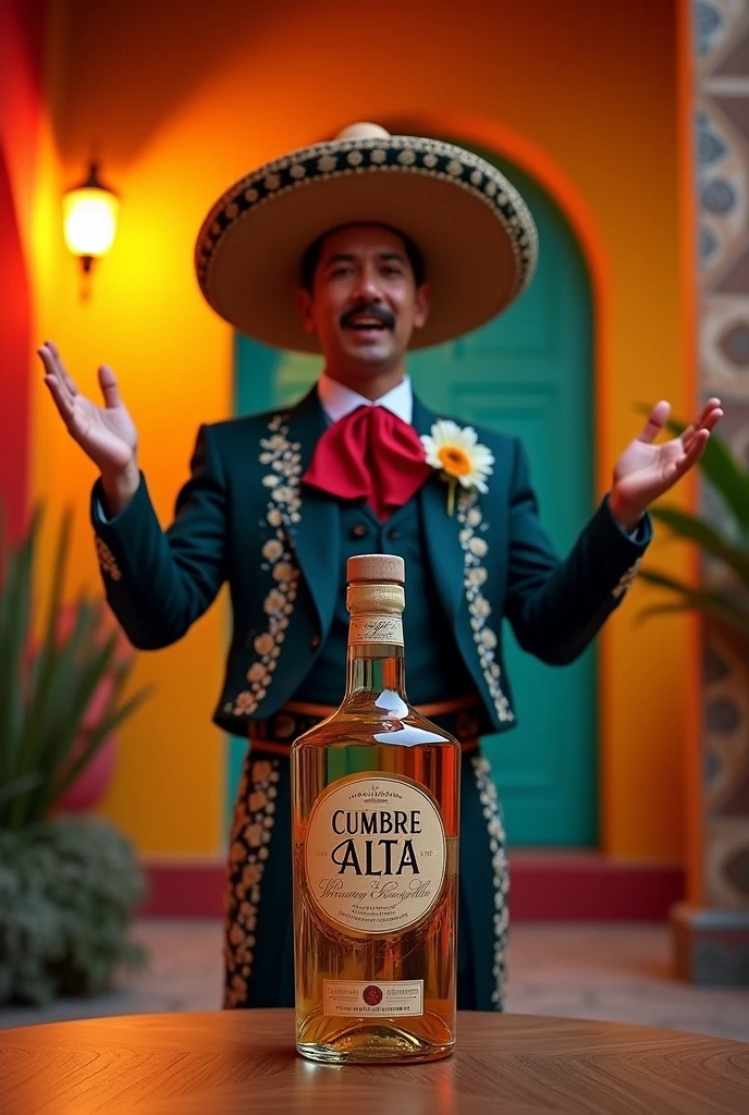 An advertisement video for a Mexican tequila bottle called Cumbre Alta, announced by a musician