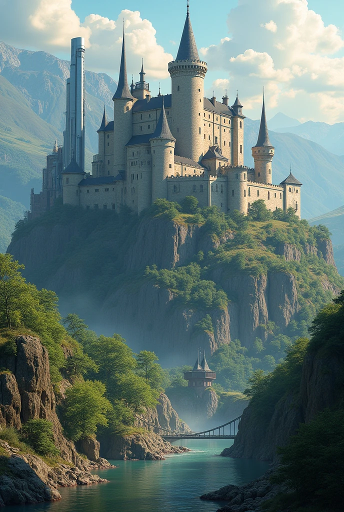 A scene that represents historical continuity, like a view of a castle with modern elements from the year 1600 AD