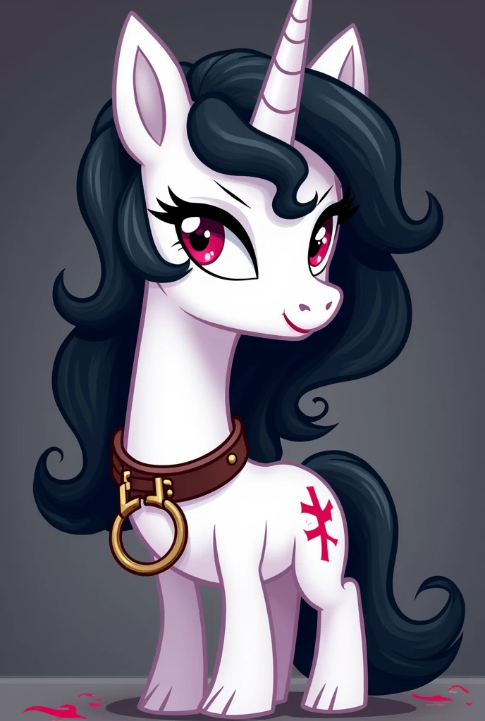 My little pony character, toon, adult, unicorn, (dynamic angles) white body, black mane seductive, lust, eyeliner, leather collar, handcuffs, 