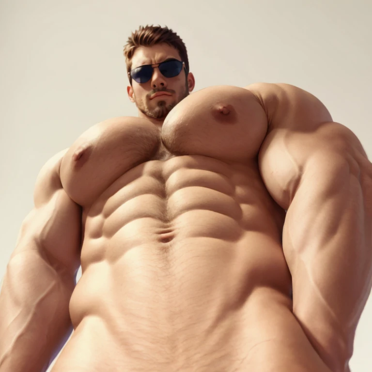 brutalmass, upshot pecs, a very handsome young man, sunglasses, shirtless, exaggeratedly muscular, on a white background
