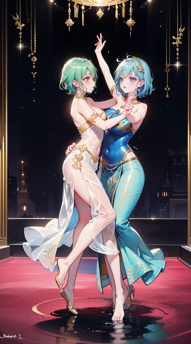 (2 young women ,beautiful woman),(เด็กหญิงshyุ 20 ปี),smile,(light green short hair),nobility,(princess),blue student,Tall figure,((Strapless Thai dress)),low skirt,(Strapless Thai dressที่ไม่ทีสาย),Show your navel,ta skirt,Show your legs,Barefoot,red carpet,prom website,(nobility),(big tits),(Various positions),Highest quality、Highest picture quality、Masterpiece,, ,(((Umbilical drive,dance,dance,Thai dance))), (there'there'There is nothing hiding the pussy...), (no panties), (very good:1.2), (shy:1.2), (wet:1.2), (feel sexually happy:1.6),