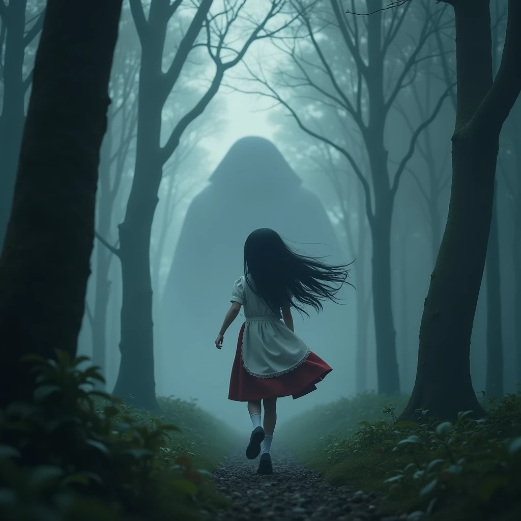 (Mysterious Fog), a beautiful young girl running through a mysterious, misty forest, The girl is facing forward and running away from a shining shadow. Her long black hair flows behind her, and a huge glowing shadow is chasing the girl. (Beautiful and cute face even in fear and panic),Fine facial features, Beautiful eyes, Soft and glowing skin, Cute apron dress, Mossy trees, (Column of light breaking through the fog), (Highest Quality, 4k, (8k), (High Resolution:1.3), (Masterpiece:1.2), (Ultra Detailed), (Realistic), (Photorealistic), (Photorealistic:1.37), Fantasy, Cinematic Lighting, Moody Atmosphere, digital art, concept art, 