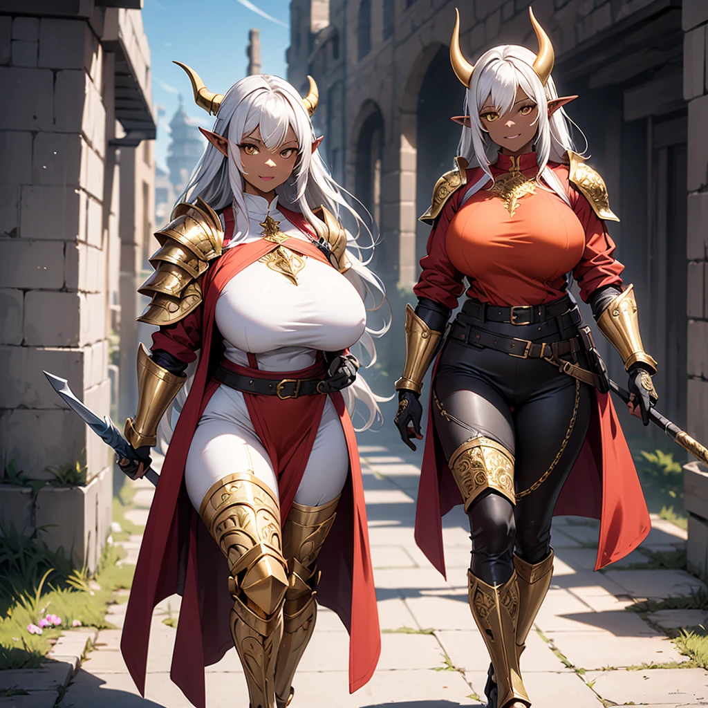 ((best quality)), (detailed), 1 women dark knight armor, 8k_wallpaper, extremely detailed eyes, (large masterpiece digital art), (intricate details:1.3 ), (ultra-detailed:1.3), (sharp focus:1.3), (natural lighting:1.05), (vivid colors:1.3), (best quality:1.4), expressive eyes, full body, detailed face, beautiful face, perfect face, ((hair sandy white curls)), ((gold horns)), (gold eyes), {{dark skin}}, ({dark skinned female}), big breasts, huge chest, mid-range pelvis and big ass, cruel predatory and cold-blooded arrogant look and smile, an open red coat with rolled up sleeves, an open coat with rolled up sleeves, steel heavy knight armor, a wide orange belt lowered lower with large gold yarn, leather pants with steel thigh guards, leather gloves, steel gold bracers and shoulder pads, dark silver chain mail oversleeves, a medieval marching backpack made of animal skins and fur, walking along the path against the backdrop of the elven ruins of the city and colorful blooming flowers,