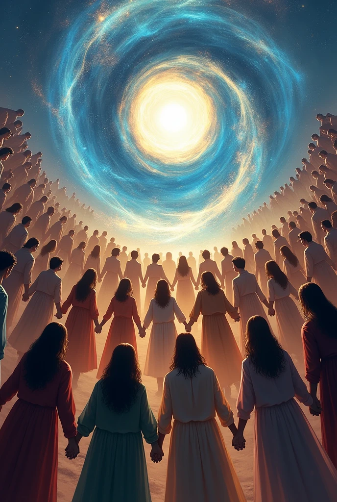 I want an image of a vortex and in front of it add people of various ethnicities holding hands..