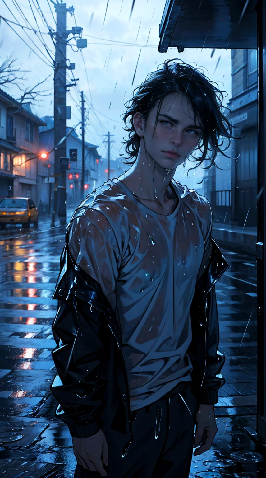 ( best quality,4k,8k,highres,masterpiece:1.2),ultra-detailed,(realistic,photorealistic,photo-realistic:1.37),rainy scene,stressed,outdoor,gloomy atmosphere,realistic droplets on the face,drenched clothes,dark colors,despair,desolation,loneliness,lost in thoughts,emotional,wet street,running mascara on his face,tears streaming down his cheeks,water dripping from his hair,hunched shoulders,visible sadness,pouring rain,thunderstorm,tempestuous weather,misery,deep sorrow,heartache,negative emotions,despairing expression,cold and wet,paleness,heavy rain falling,wet pavement,teardrops falling rapidly,solitude,devastation.