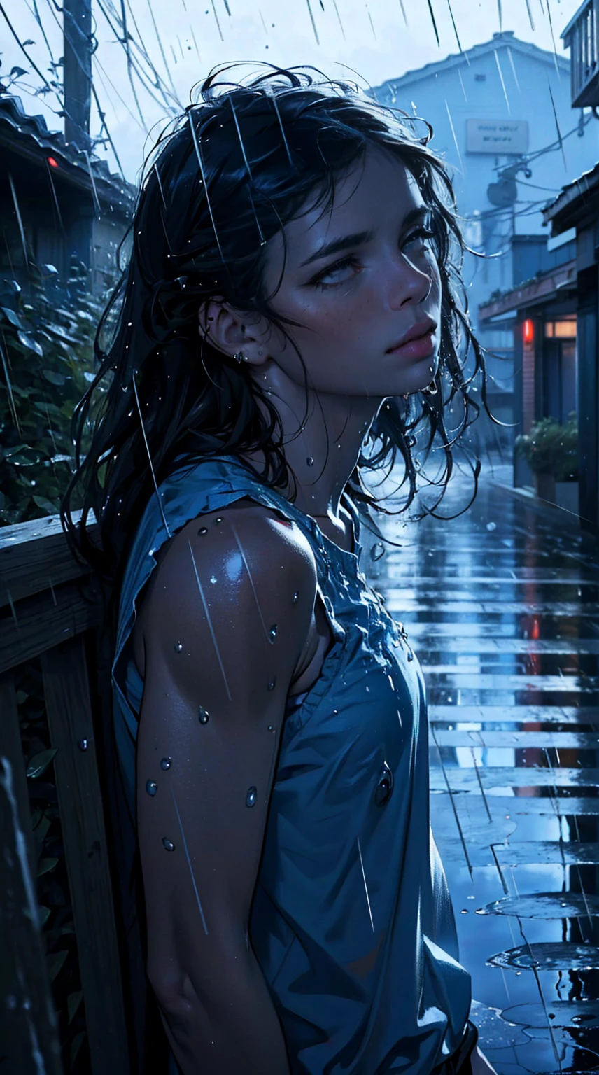 ( best quality,4k,8k,highres,masterpiece:1.2),ultra-detailed,(realistic,photorealistic,photo-realistic:1.37),rainy scene,stressed,outdoor,gloomy atmosphere,realistic droplets on the face,drenched clothes,dark colors,despair,desolation,loneliness,lost in thoughts,emotional,wet street,running mascara on his face,tears streaming down his cheeks,water dripping from his hair,hunched shoulders,visible sadness,pouring rain,thunderstorm,tempestuous weather,misery,deep sorrow,heartache,negative emotions,despairing expression,cold and wet,paleness,heavy rain falling,wet pavement,teardrops falling rapidly,solitude,devastation.