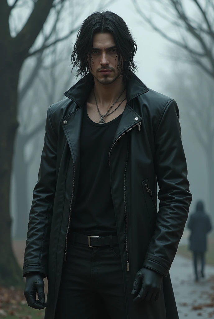  Handsome, muscular teenager
Tall with black, long hair , with black clothes and handsome , beardless
with a sad grayish background environment
with his friends at the park
