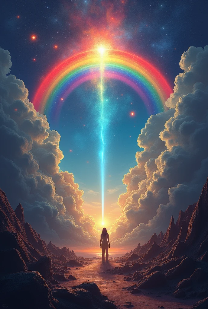 Create an image of a happy rainbow that is in the middle of dark, ominous space with dangerous asteroids and comets representing the problems of life. (as if it were a painting)