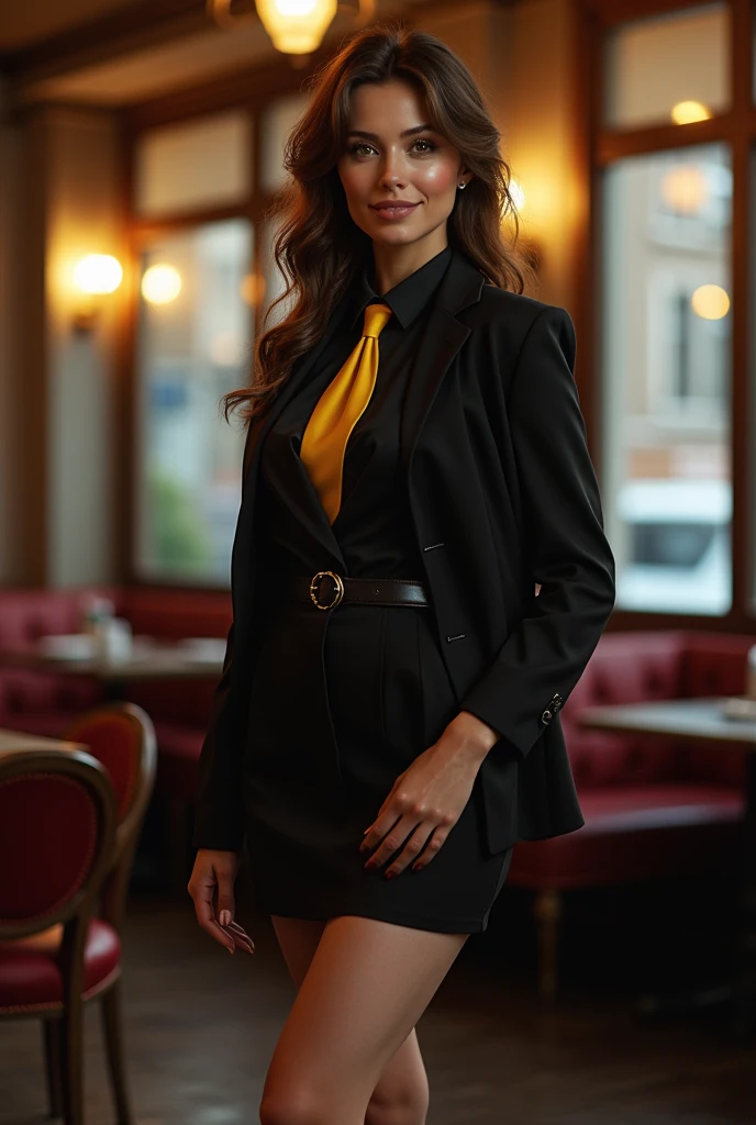 masterpiece, Highest quality:1.2), Manhattan Cafe(umamusume), One Woman, alone,Glowing Skin、Yellow Eyes、Eyes without highlights、((Thick legs))、Are standing、Cowboy Shot、smile、Black Skirt,Black Business Shirt、Yellow tie,Black jacket,pantyhose、