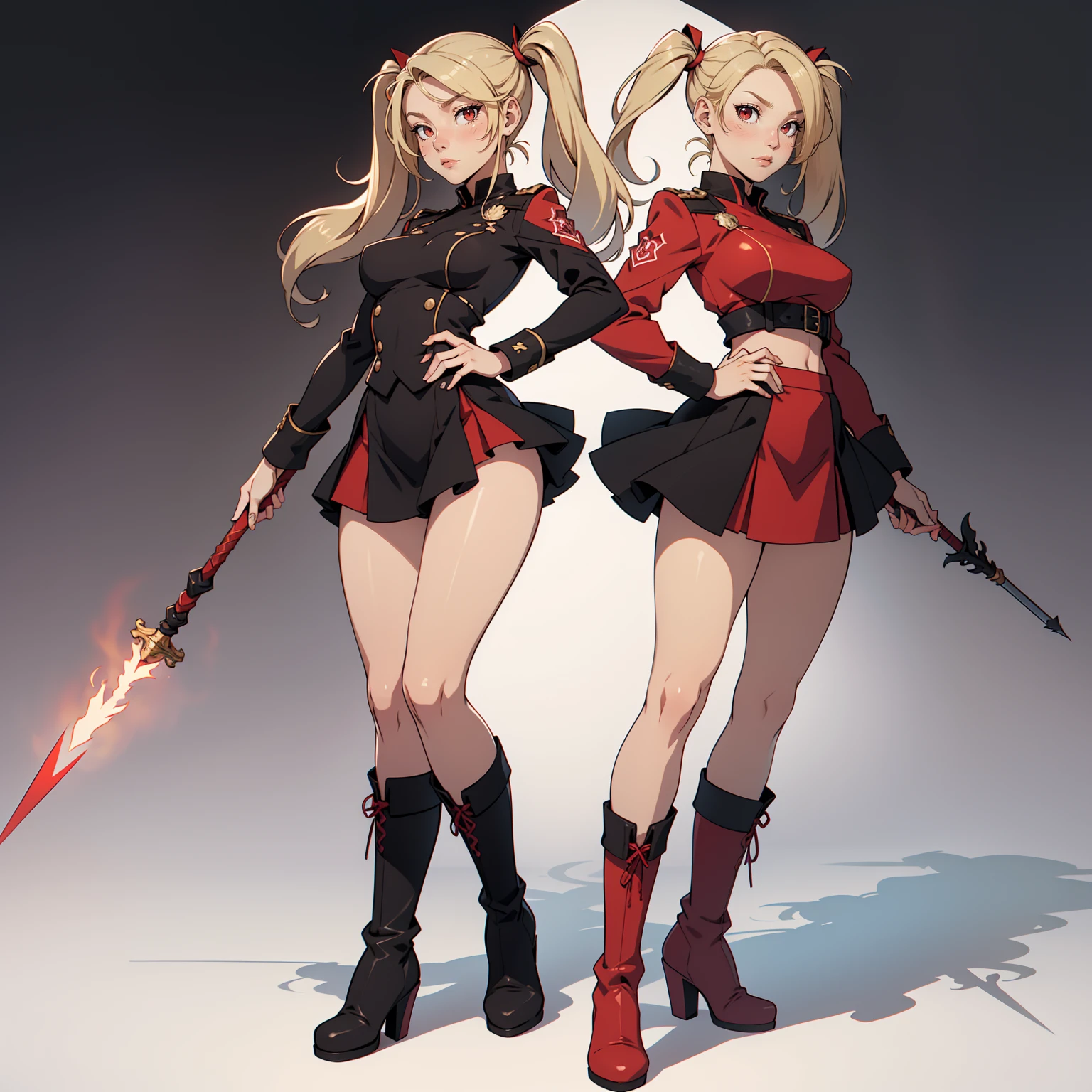 Very detailed, neutral facial expression, medium breasts, full body view, blonde hair with twintails, red eyes, looking at viewer, black and red uniform, skirt, black boots, holding spear, combat pose.