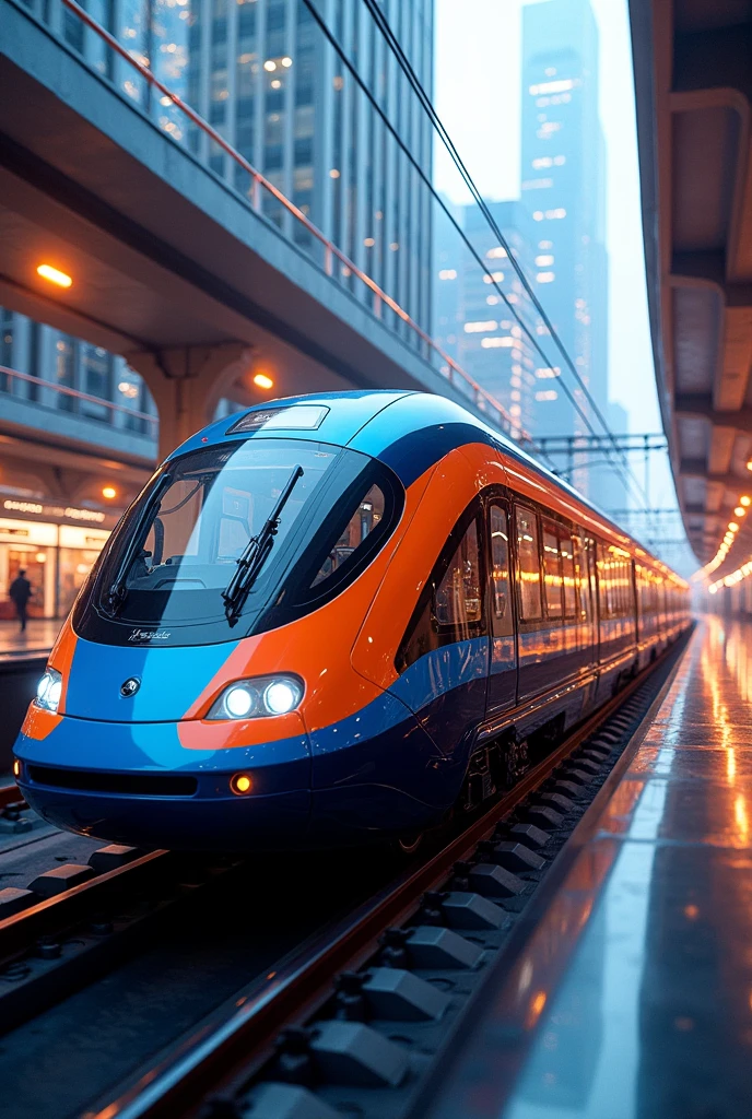 Modern Metro with 6 wagons, colors are blue and orange, electric