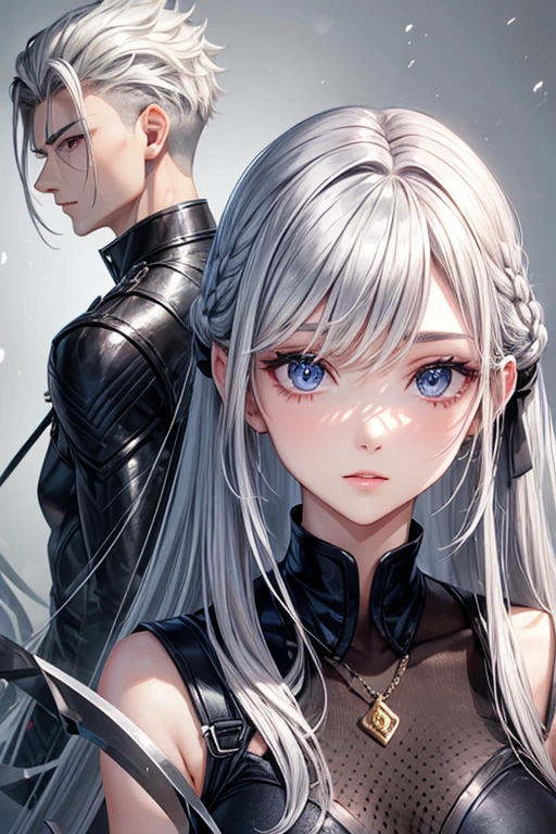 woman、Hairstyle with all hair swept back、Odd Eye、Silver hair back、male、Her hair is shoulder-length、Odd Eye、male'Left eye is red、male right eye blue、Increase the wide angle、Clear Eyes、male、White and gold magic costume.(Swimwear)、(Swimwear)、