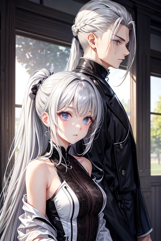 woman、Hairstyle with all hair swept back、Odd Eye、Silver hair back、male、Her hair is shoulder-length、Odd Eye、male'Left eye is red、male right eye blue、Increase the wide angle、Clear Eyes、male、White and gold magic costume.(Swimwear)、(Swimwear)、