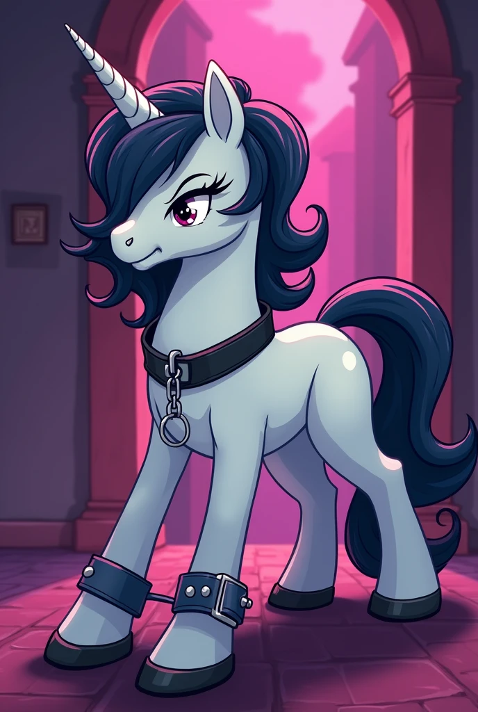 My little pony character, toon, adult, male, unicorn, (dynamic angles) white body, black mane seductive, lust, eyeliner, leather collar, handcuffs,