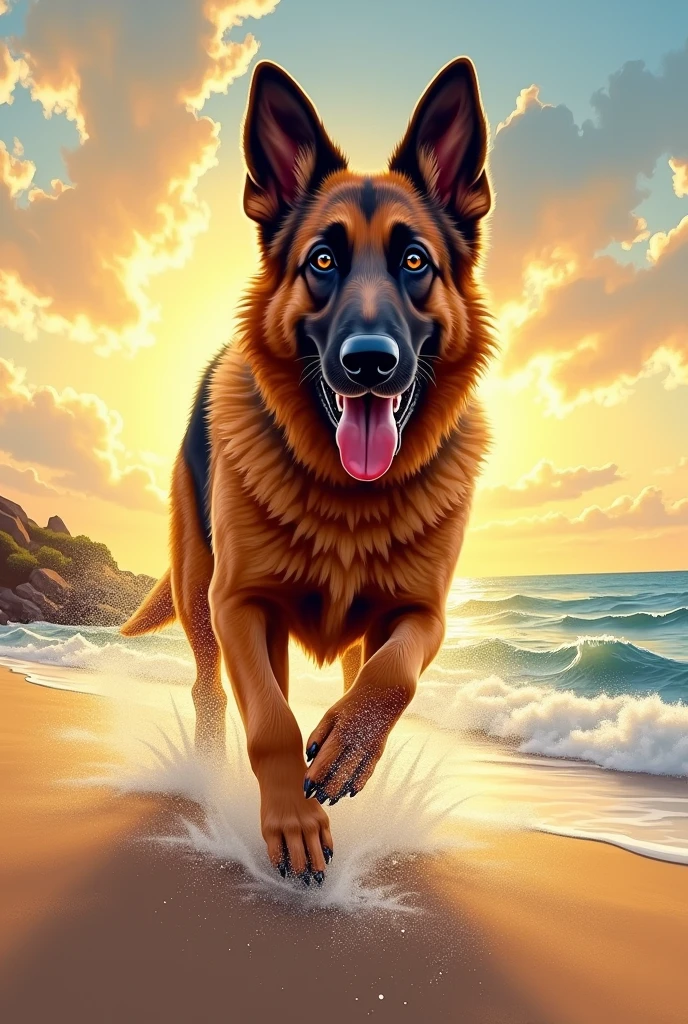 Create a painted picture of a Dutch Shepherd dog with long fur, playing by the sea at sunset. Happy dog. Dutch Shepherd 