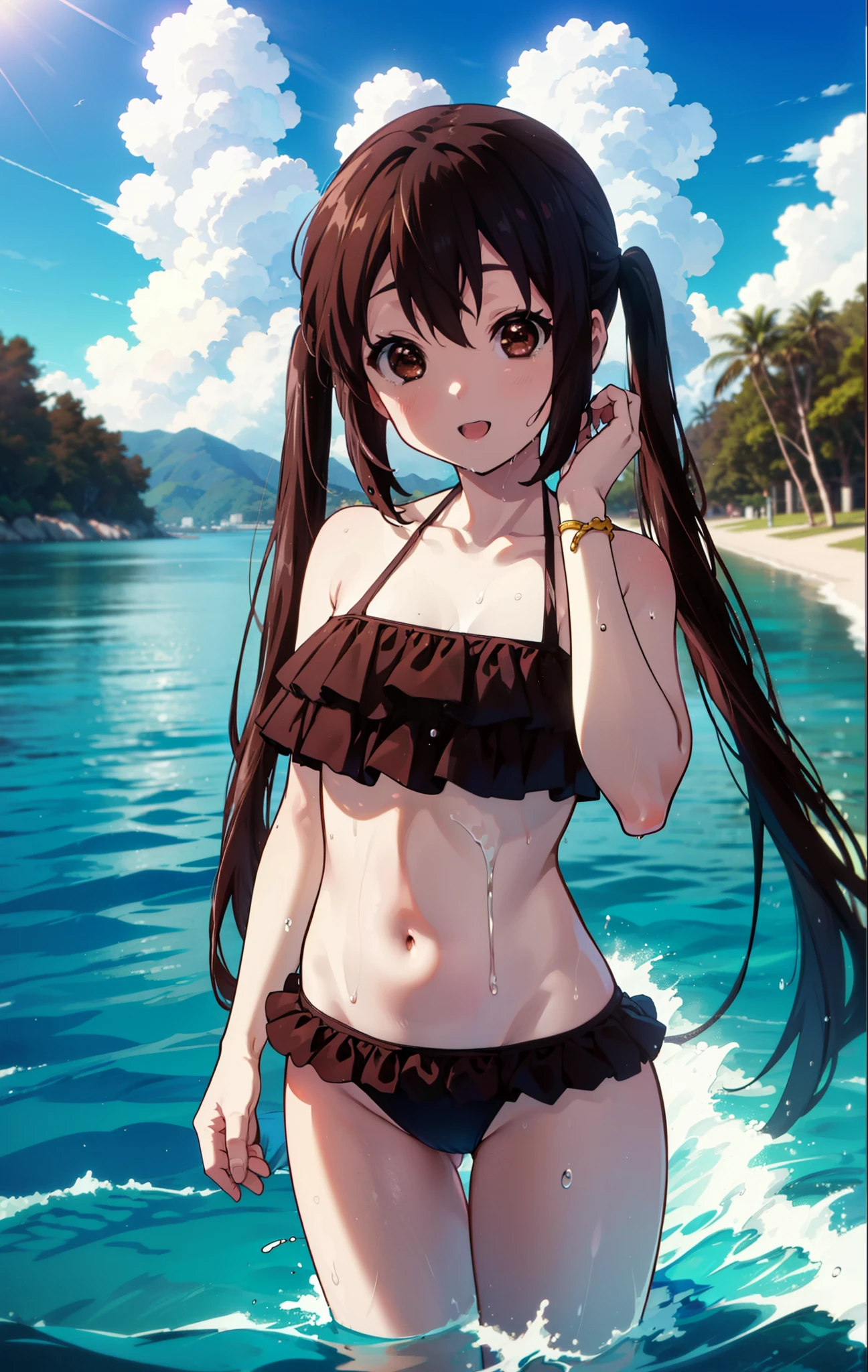 meet, Azusa Nakano, Black Hair, (Brown eyes:1.5), Long low twintails,smile,Open your mouth,Bikini swimsuit with ruffles,barefoot,Wet Hair,Wet swimsuit,Wet Skin,Daytime,Clear skies,True Summer,Water Play,whole bodyがイラストに入るように,
break outdoors, Ocean,
break looking at viewer,whole body, (Cowboy Shot:1.5),
break (masterpiece:1.2), Highest quality, High resolution, unity 8k wallpaper, (figure:0.8), (Beautiful attention to detail:1.6), Highly detailed face, Perfect lighting, Highly detailed CG, (Perfect hands, Perfect Anatomy),