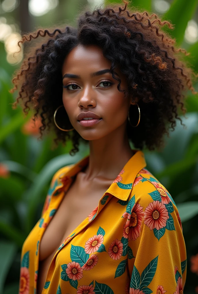 A Brazilian woman in a lush tropical garden, wearing an open shirt with a floral print, with a close-up capturing the harmonious beauty between her breasts and the natural flowers, showing off your natural charm and outgoing personality.