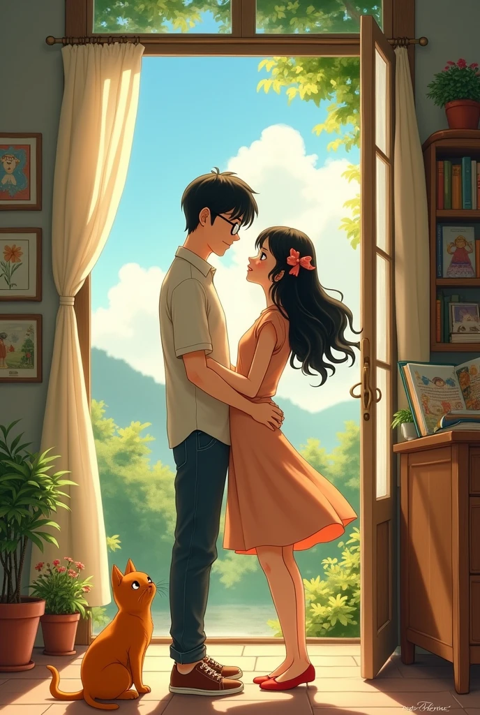 Generate an image of a Studio Ghibli couple where the man wears glasses and the woman has wavy Studio Ghibli hair and two cats, one orange and the other tabby.