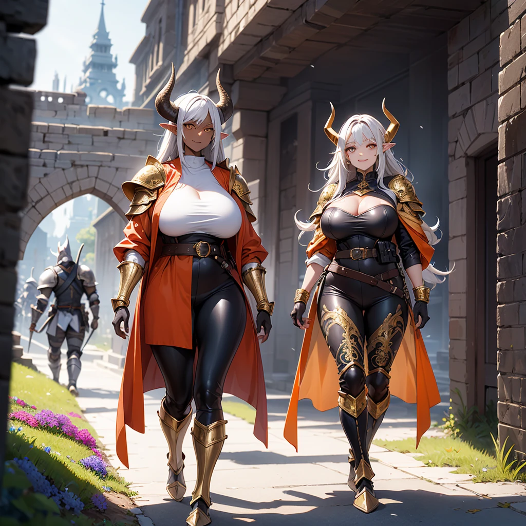((best quality)), (detailed), 1 women dark knight armor, 8k_wallpaper, extremely detailed eyes, (large masterpiece digital art), (intricate details:1.3 ), (ultra-detailed:1.3), (sharp focus:1.3), (natural lighting:1.05), (vivid colors:1.3), (best quality:1.4), expressive eyes, full body, detailed face, beautiful face, perfect face, ((hair sandy white curls)), ((gold horns)), (gold eyes), {{dark skin}}, ({dark skinned female}), , huge chest, mid-range pelvis and big ass, cruel datory and cold-blooded arrogant look and smile, an open red coat with rolled up sleeves, an open coat with rolled up sleeves, steel heavy knight armor, a wide orange belt lowered lower with large gold yarn, leather pants with steel thigh guards, leather gloves, steel gold bracers and shoulder pads, dark silver chain mail oversleeves, a medieval marching backpack made of animal skins and fur, walking along the path against the backdrop of the elven ruins of the city and colorful blooming flowers,