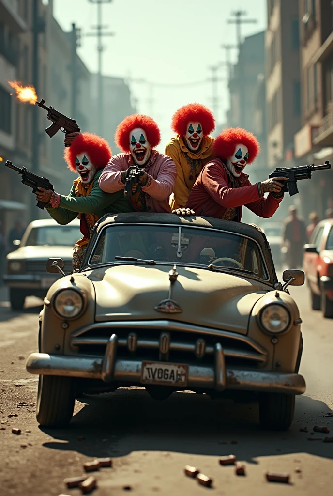 A bad clown squad from call of duty warzone riding in a car listening to music and shooting