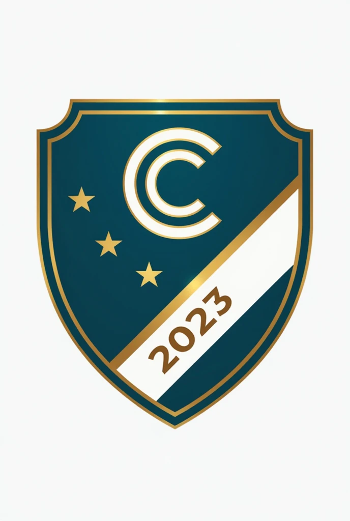 Design a modern and elegant team crest for Capivaras Football Club. The crest should be inspired by the traditional Fluminense Football Club crest, featuring a shield with a similar shape. Divide the shield horizontally in the middle with a metallic gold stripe, and use the club's colors—teal blue (a blue with a bit of green in it), pure white, and metallic gold. The top section of the shield should be teal blue, and the bottom section should be pure white, separated by the metallic gold stripe. At the center, place a stylized monogram or symbol, such as a capybara, in a similar fashion to Fluminense's 'FFC' monogram. Include additional details like football motifs, stars, or laurel wreaths for embellishment. The overall design should be balanced, combining classic and contemporary aesthetics, and include the club's name and founding year (2023). The crest should evoke a sense of pride, strength, and tradition, reflecting the iconic design of the Fluminense crest.