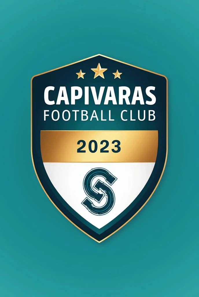 Design a modern and elegant team crest for Capivaras Football Club. The crest should be inspired by the traditional Fluminense Football Club crest, featuring a shield with a similar shape. Divide the shield horizontally in the middle with a metallic gold stripe, and use the club's colors—teal blue (a blue with a bit of green in it), pure white, and metallic gold. The top section of the shield should be teal blue, and the bottom section should be pure white, separated by the metallic gold stripe. At the center, place a stylized monogram or symbol, such as a capybara, in a similar fashion to Fluminense's 'FFC' monogram. Include additional details like football motifs, stars, or laurel wreaths for embellishment. The overall design should be balanced, combining classic and contemporary aesthetics, and include the club's name and founding year (2023). The crest should evoke a sense of pride, strength, and tradition, reflecting the iconic design of the Fluminense crest.