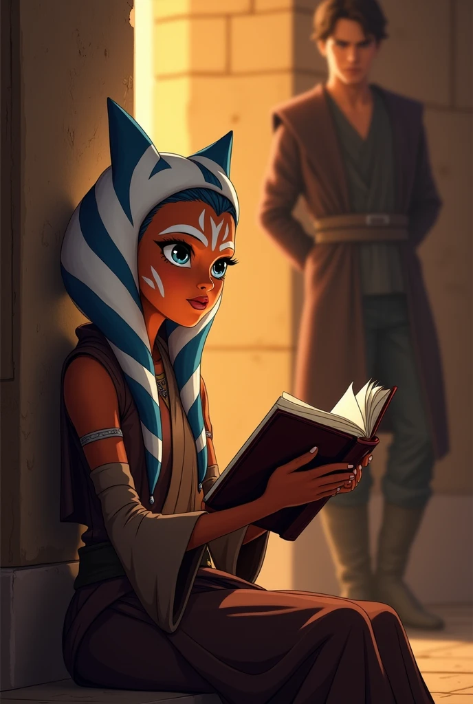 Ahsoka Tano from Star Wars reading a book, animated but not too animated., like in Star Wars: The Clone Wars, from the profile and illuminated, Anakin leaning against the wall listening to Anakin be seen