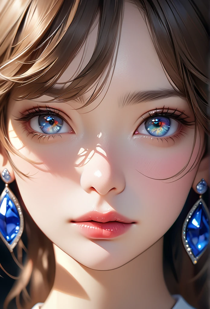 a highly realistic solo portrait, detailed face with beautiful eyes, nose, and lips, medium length brown hair, jewelry such as earrings, blurred background, medium shot, illustration style, (best quality,8k,masterpiece:1.2),ultra-detailed,(realistic,photorealistic,photo-realistic:1.37),HDR,UHD,studio lighting,ultra-fine painting,sharp focus,physically-based rendering,extreme detail description,professional,vivid colors,bokeh