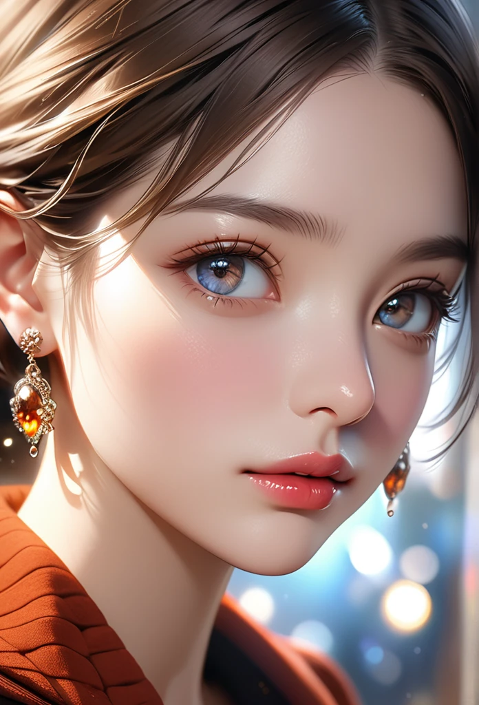 a highly realistic solo portrait, detailed face with beautiful eyes, nose, and lips, medium length brown hair, jewelry such as earrings, blurred background, medium shot, illustration style, (best quality,8k,masterpiece:1.2),ultra-detailed,(realistic,photorealistic,photo-realistic:1.37),HDR,UHD,studio lighting,ultra-fine painting,sharp focus,physically-based rendering,extreme detail description,professional,vivid colors,bokeh