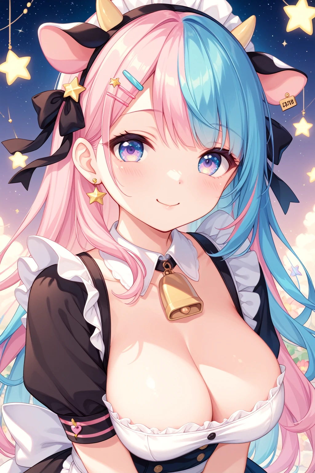 A masterpiece of a mature woman with big breasts, dressed in a pastel pink Japanese maid cafe outfit, with studio lights and beautiful shading, featuring kawaii elements like cow ears and pastel pink spots on ears, cute pastel colors, pastel blue rainbow hair with highlights, decorated with hairclips, ornaments, stars, hearts, and a cowbell. The image should have ultra detailed and best quality, with cinematic lighting and an adorable, decora style with many accessories.