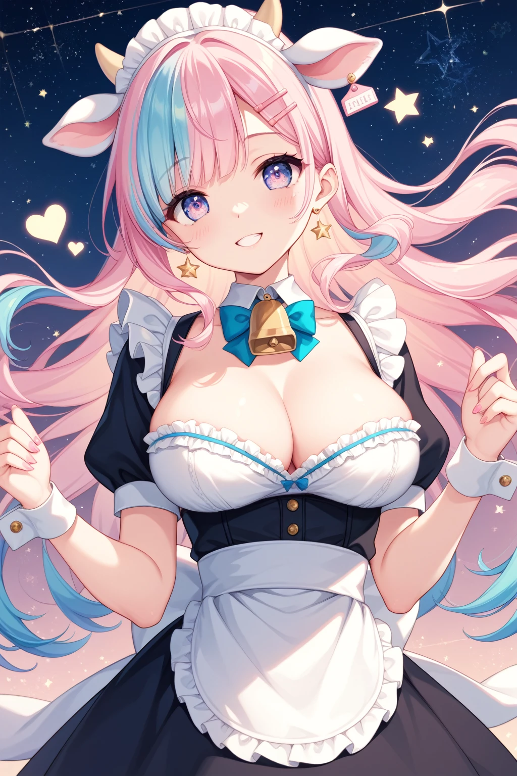 A masterpiece of a mature woman with big breasts, dressed in a pastel pink Japanese maid cafe outfit, with studio lights and beautiful shading, featuring kawaii elements like cow ears and pastel pink spots on ears, cute pastel colors, pastel blue rainbow hair with highlights, decorated with hairclips, ornaments, stars, hearts, and a cowbell. The image should have ultra detailed and best quality, with cinematic lighting and an adorable, decora style with many accessories.