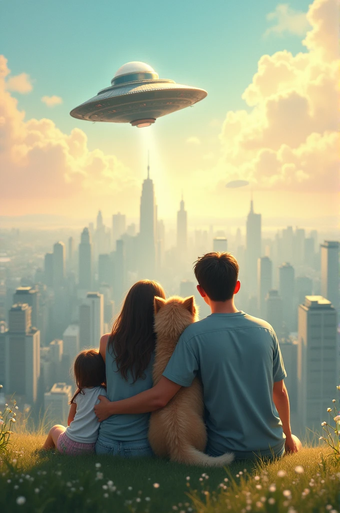 A family and their dog hugging sitting with their backs to a hill, looking at the city, a UFO in the sky
