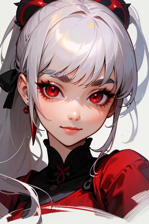 (Highest quality, masterpiece:1.2), High resolution, 最高masterpiece、Very detailed, Realistic:1.37, Fantasy, An illustration,Gray Hair、 Red eyes、Queen, Red dress、beautifully、Eyeshadow Red、Thick eyebrows、Long eyelashes、pupils are black、shiny on the lips、Top Sites、Queen、Princess、A kind smile、Soft impression、people々々々Loved by、Slimming the face、Shoulder Bare、ponytail、Kissing Face、Long white hair、Shaggy Bangs、(Save face image).(Gothicta)、(A kind smile)、(Background white)、