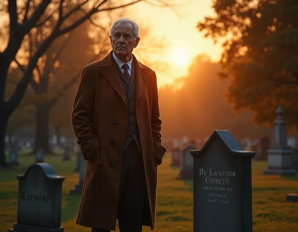 The final scene at the cemetery is shot with a steady, respectful camera movement. Start with a wide shot of the peaceful setting, then slowly zoom in on Dr. Cooper standing by his son’s grave. The camera lingers on his face, capturing the mixture of grief and quiet strength, before panning out to show the serene surroundings as the sun sets.
