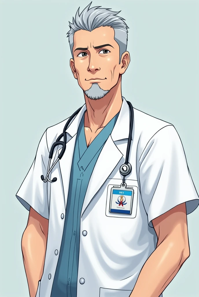 middle aged male doctor, gray short hair, facial hair, perfect symmetrical eyes, white doctor's coat buttoned over white scrub, short sleeves, ID-badge (blue color at top, white color at bottom), neutral emotion, focus on face and upper torso, anime style