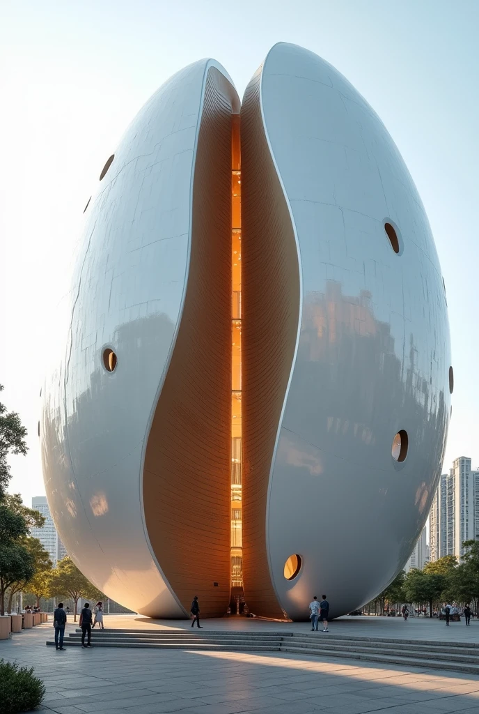 Design a distinctive building shaped like a coffee bean. important Keep loyal to the coffee shape of the building with the curved line that devides the bean of coffee. The line that devides the two sections of the bean is brown and on one side there are vewpoints ,modern appearance.
