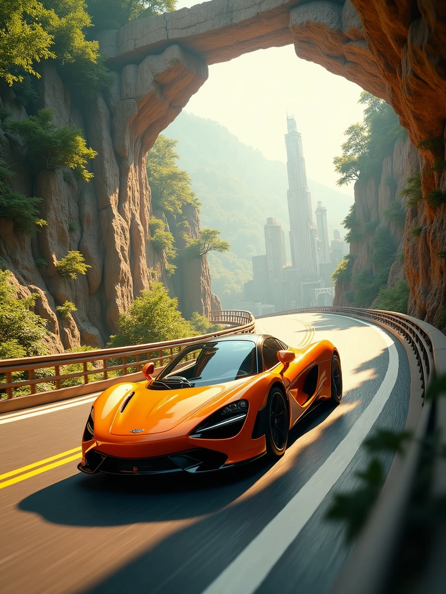 The orange sport car drives through a huge fantasy tunnel, passing through forest and city. bright sunny day
