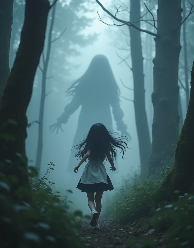 (Mysterious Fog), a beautiful young girl running through a mysterious, misty forest, japanese, long black Hair flowing behind her, huge white shadow is chasing the girl, (a beautiful and cute face even in the midst of fear and panic), detailed facial features, cute apron dress, moss-covered trees, (shafts of light piercing through the fog), (best quality,4k,8k,highres,masterpiece:1.2),ultra-detailed,(realistic,photorealistic,photo-realistic:1.37),fantasy,cinematic lighting,moody atmosphere,dramatic lighting,dark colors,muted palette