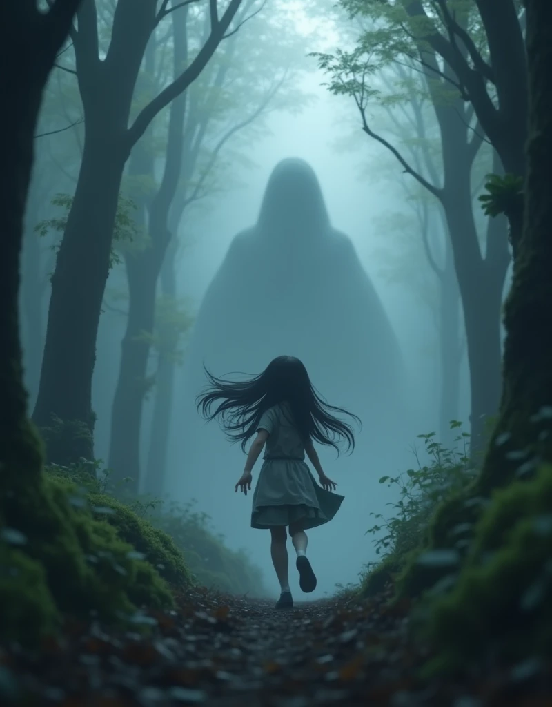 (Mysterious Fog), a beautiful young girl running through a mysterious, misty forest, japanese, long black Hair flowing behind her, huge white shadow is chasing the girl, (a beautiful and cute face even in the midst of fear and panic), detailed facial features, cute apron dress, moss-covered trees, (shafts of light piercing through the fog), (best quality,4k,8k,highres,masterpiece:1.2),ultra-detailed,(realistic,photorealistic,photo-realistic:1.37),fantasy,cinematic lighting,moody atmosphere,dramatic lighting,dark colors,muted palette
