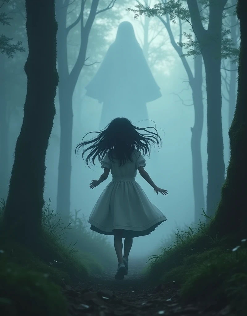 (Mysterious Fog), a beautiful young girl running through a mysterious, misty forest, japanese, long black Hair flowing behind her, huge white shadow is chasing the girl, (a beautiful and cute face even in the midst of fear and panic), detailed facial features, cute apron dress, moss-covered trees, (shafts of light piercing through the fog), (best quality,4k,8k,highres,masterpiece:1.2),ultra-detailed,(realistic,photorealistic,photo-realistic:1.37),fantasy,cinematic lighting,moody atmosphere,dramatic lighting,dark colors,muted palette