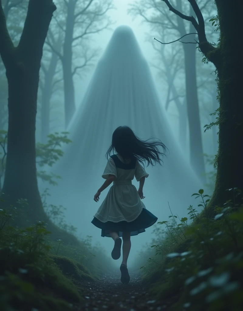 (Mysterious Fog), a beautiful young girl running through a mysterious, misty forest, japanese, long black Hair flowing behind her, huge white shadow is chasing the girl, (a beautiful and cute face even in the midst of fear and panic), detailed facial features, cute apron dress, moss-covered trees, (shafts of light piercing through the fog), (best quality,4k,8k,highres,masterpiece:1.2),ultra-detailed,(realistic,photorealistic,photo-realistic:1.37),fantasy,cinematic lighting,moody atmosphere,dramatic lighting,dark colors,muted palette