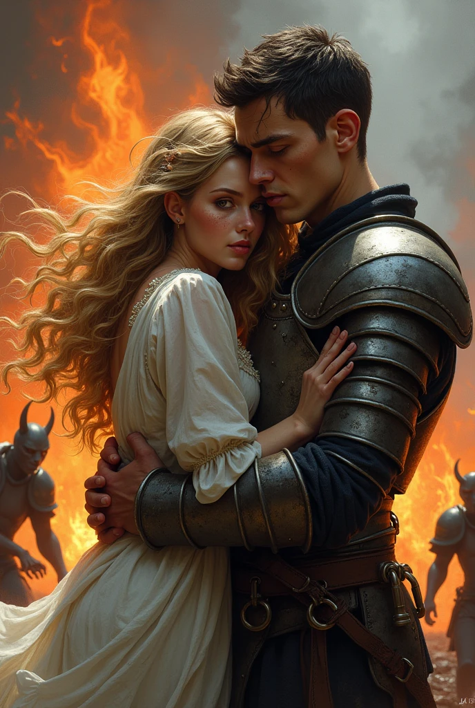 A beautiful young lady, she has blonde curly hair, freckles and sapphire eyes she is in a dirty white dress being carried out of a battle field in the arms of a tall, handsome young man, he has short black hair and honeycomb eyes , a cut across his left eye and high cheecbones and no facial hair. In the background is fire and demon creatures running into the darkness. He is in armour and it is medival time.